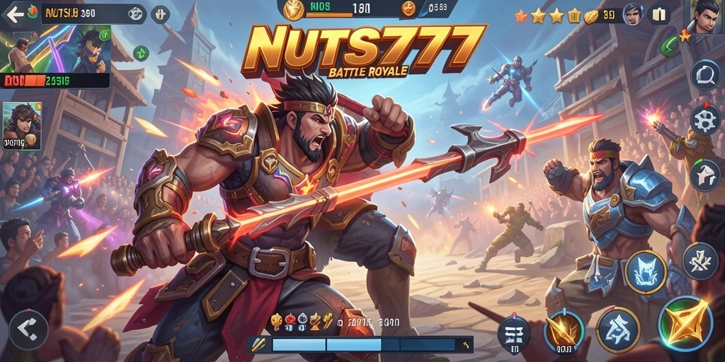 Tangkapan layar utama NUTS777 menunjukkan aksi seru di arena battle royale.